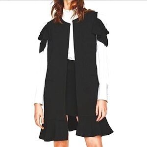 Zara Women’s black cold shoulder, ruffle- tiered hem-open front vest jacket